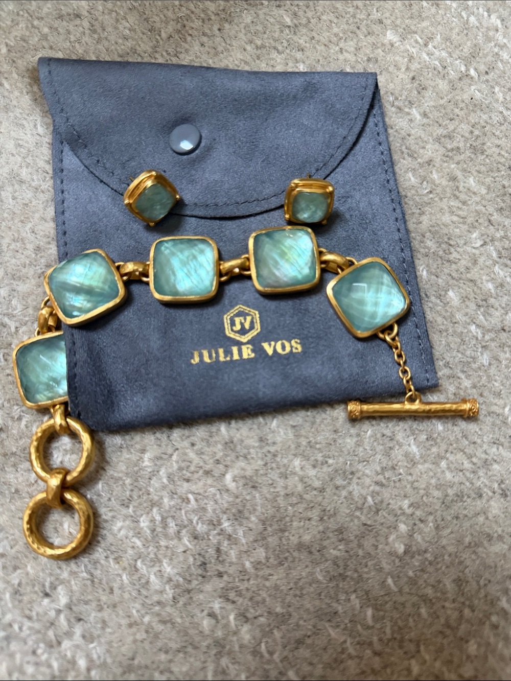 Julie Vos Gold-Tone Bracelet with Aqua-Green Square Cabochons. And earrings